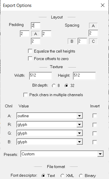 BMFont export settings